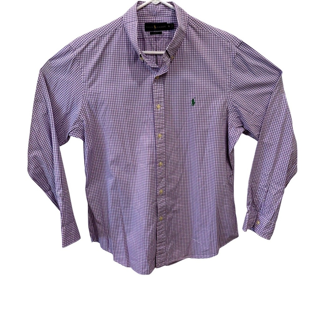 Ralph Lauren Mens XL Slim Fit Gingham Button Down Shirt Purple White Long Sleeve